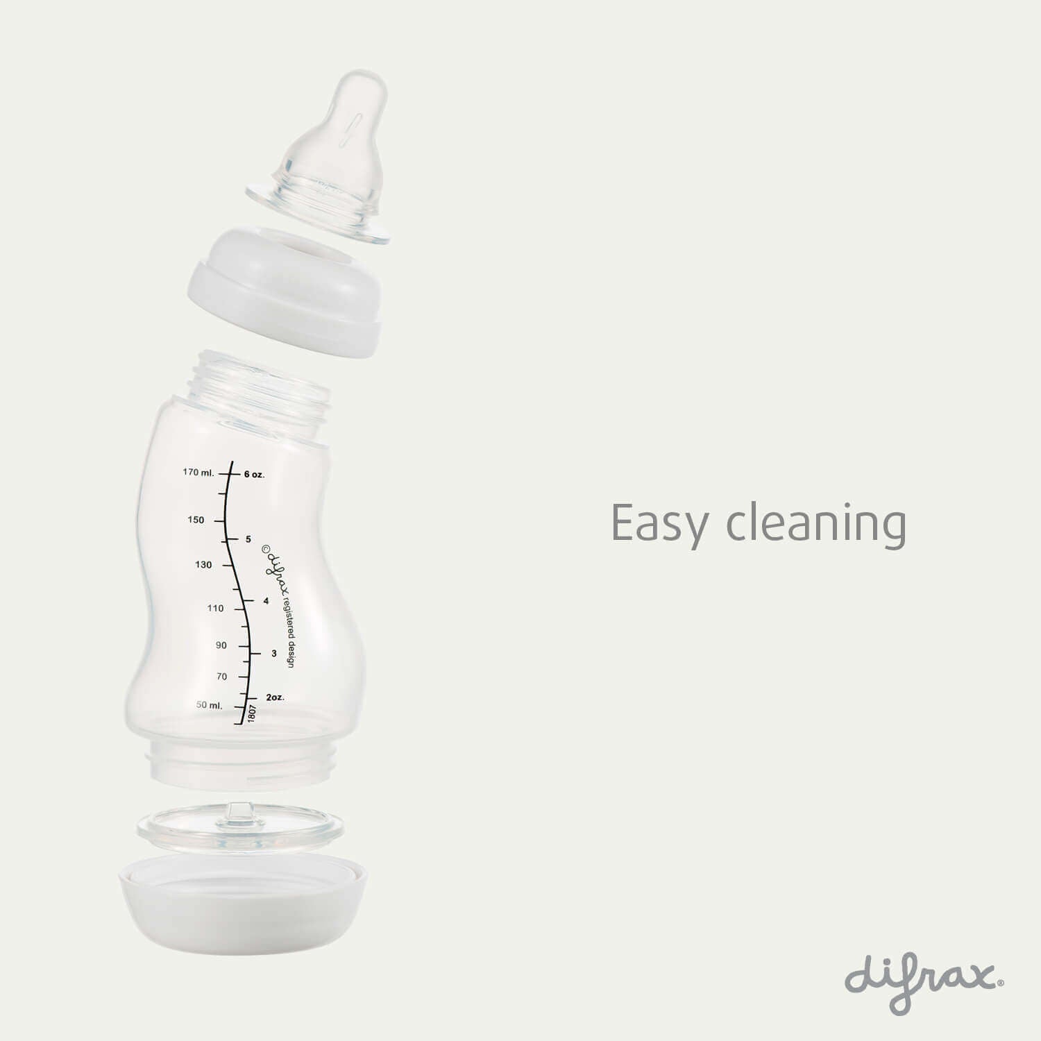 Difrax S-fles 170ml volledig gedemonteerd voor eenvoudige reiniging – speen, ring, fles en bodem afzonderlijk te reinigen