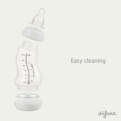 Difrax S-fles 170ml volledig gedemonteerd voor eenvoudige reiniging – speen, ring, fles en bodem afzonderlijk te reinigen