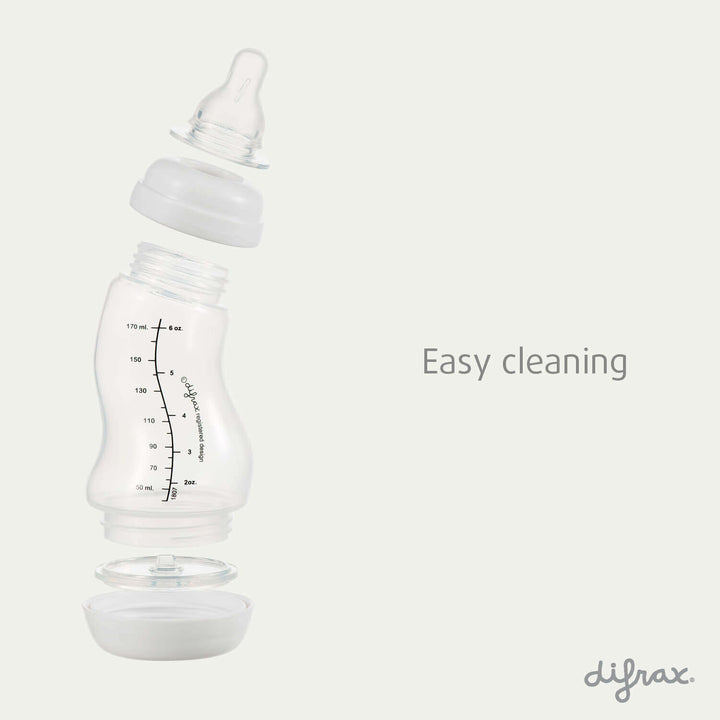 Difrax S-fles 170ml volledig gedemonteerd voor eenvoudige reiniging – speen, ring, fles en bodem afzonderlijk te reinigen