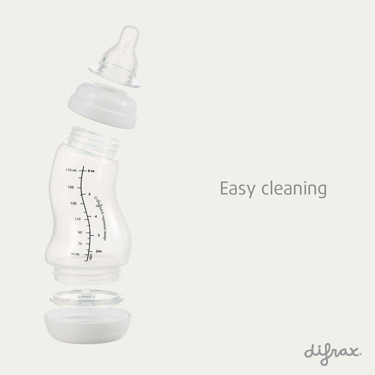 Difrax S-fles 170ml volledig gedemonteerd voor eenvoudige reiniging – speen, ring, fles en bodem afzonderlijk te reinigen