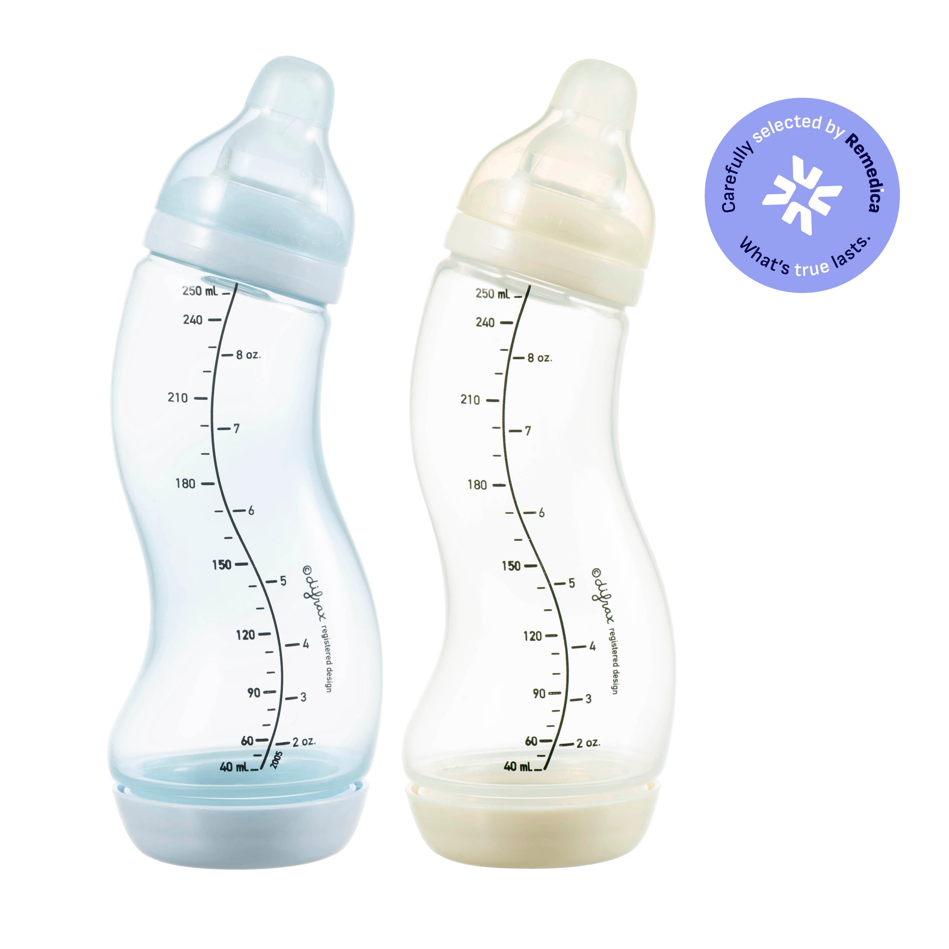 Difrax S-fles 250ml duopack in Ice blauw en Ivory, twee babyflessen met ergonomische vorm en anti-colic systeem, Remedica gecertificeerd