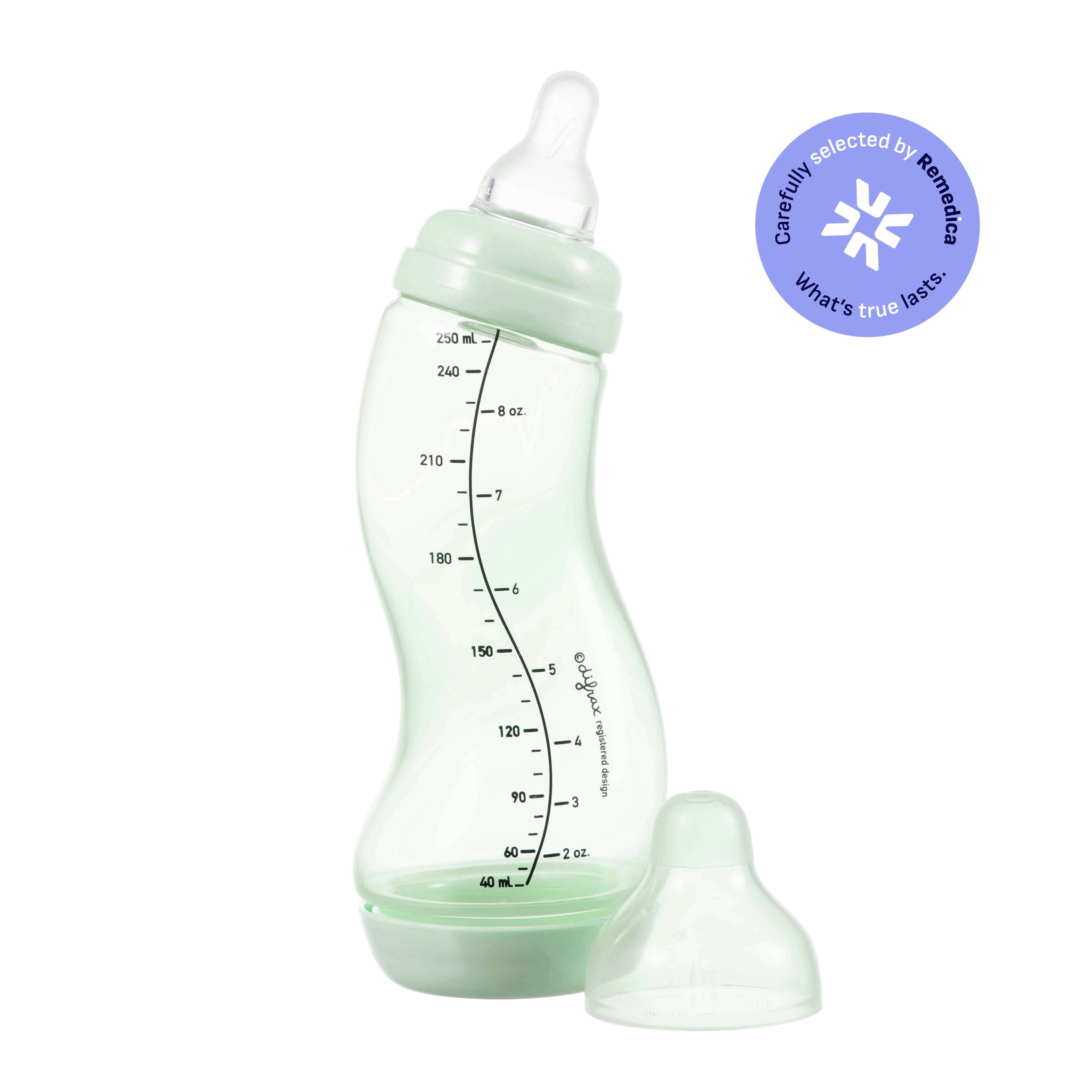 Difrax S-fles 250ml in pistachegroen met anti-colic functie en transparante speen, met Remedica goedkeuringsbadge voor medische kwaliteit