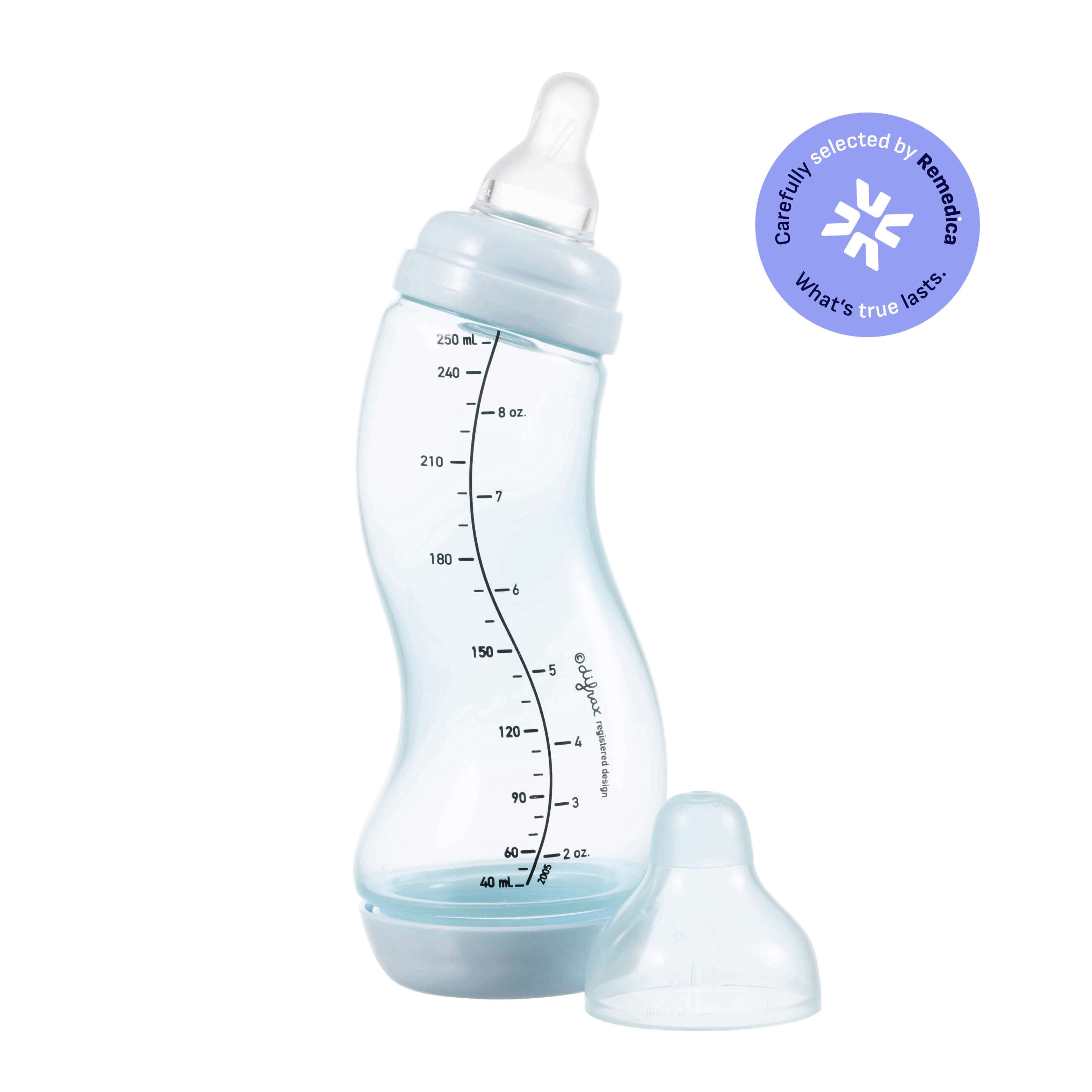 Difrax S-fles 250ml in ijsblauw met transparante speen en anti-colic systeem, voorzien van Remedica medisch keurmerk