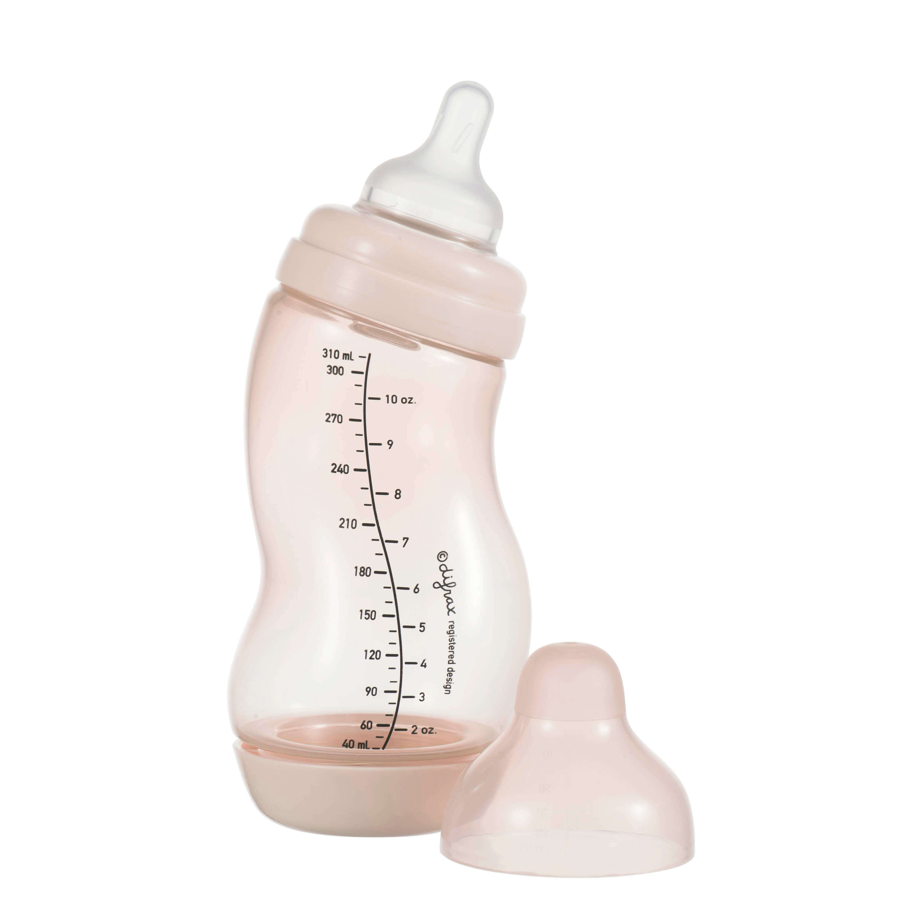 Difrax S-fles 310ml in Blossom roze met ergonomische S-vorm, volumemaatverdeling tot 310ml en anti-colic bodem