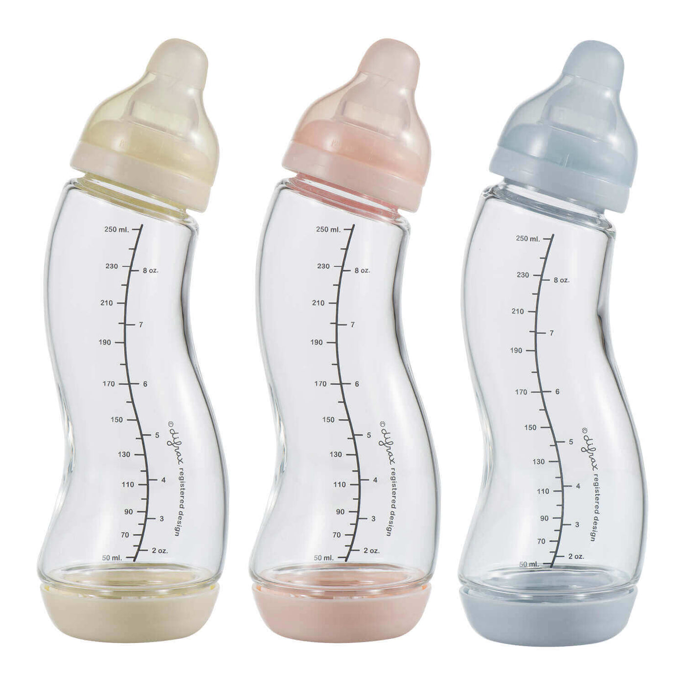 Difrax glazen S-fles 250ml in drie kleuren – naturel, roze (Blossom) en blauw (Ice) – anti-colic glazen babyfles