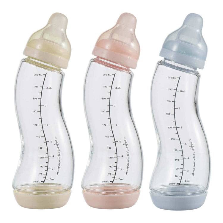 Difrax glazen S-fles 250ml in drie kleuren – naturel, roze (Blossom) en blauw (Ice) – anti-colic glazen babyfles
