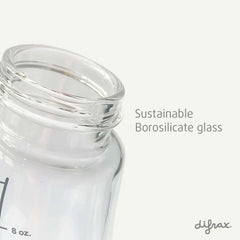 Close-up van de opening van de Difrax glazen S-fles – gemaakt van duurzaam en hittebestendig borosilicaatglas
