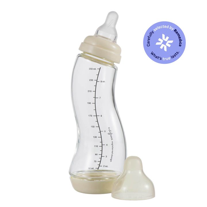 Difrax glazen S-fles 250ml kleur Popcorn (naturel) met Natural speen en extra speen – geselecteerd door Remedica