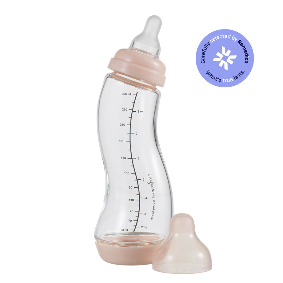 Difrax S-fles glas 250ml in kleur Blossom - ergonomische glazen babyfles met anti-koliek systeem, inclusief siliconen speen en beschermkap