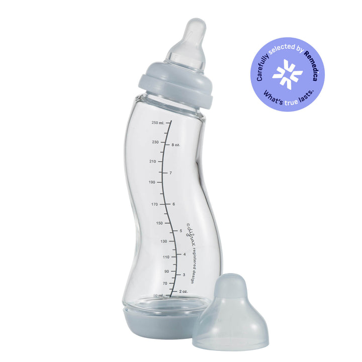Difrax glazen S-fles 250ml kleur Ice (lichtblauw) met Natural speen en extra speen – zorgvuldig geselecteerd door Remedica