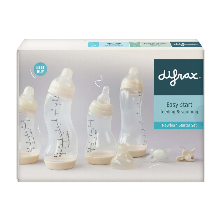 Verpakking Difrax Newborn Starter Set Easy Start feeding & soothing met 4 S-flesjes en 2 fopspene
