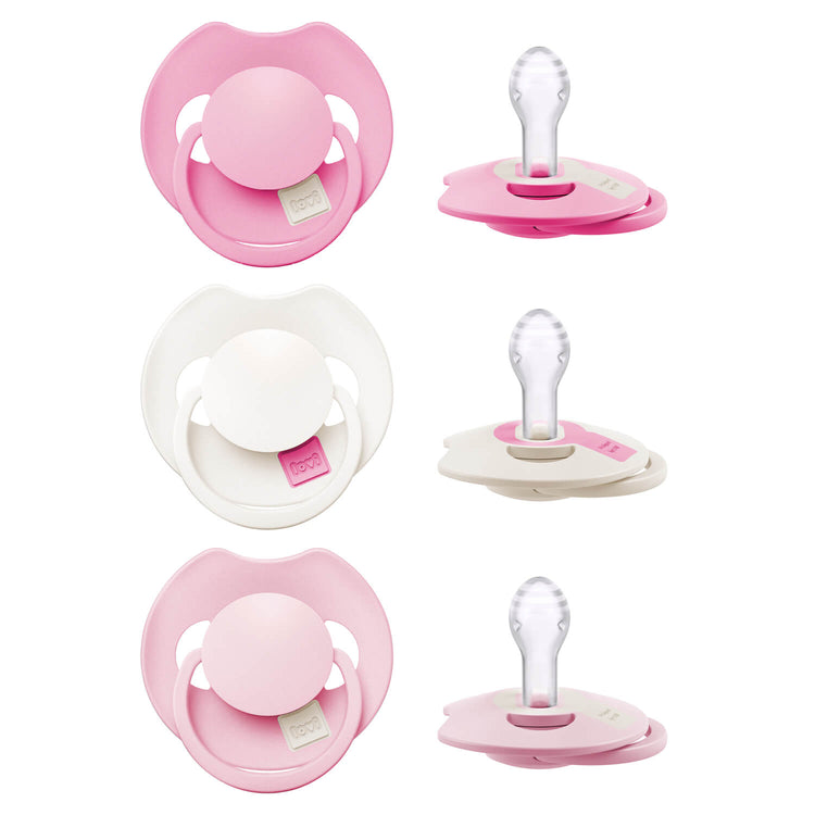Drie Difrax LOVI Dynamic fopspenen 6-18 maanden Peony Pink in voor- en zijaanzicht met zichtbare siliconen speen