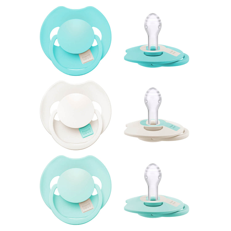 Drie Difrax LOVI Dynamic fopspenen 18+ maanden Aqua Green in voor- en zijaanzicht met zichtbare siliconen speen