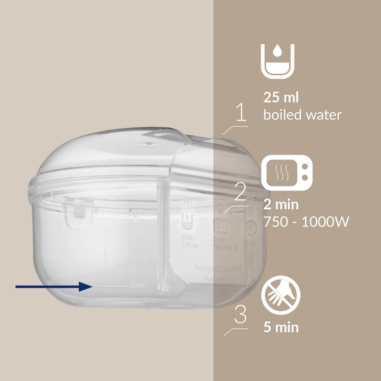 Sterilisatiebox van de Difrax LOVI Dynamic fopspeen met 3 stappen: 25 ml gekookt water, 2 min in de magnetron (750–1000 W) en 5 min afkoelen