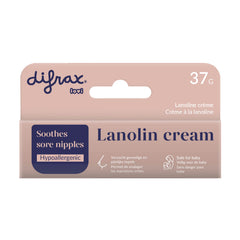Verpakking van lanoline tepelcrème (37 g) met productkenmerken voor het verzachten van gevoelige en pijnlijke tepels.