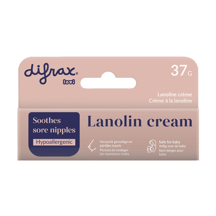 Verpakking van lanoline tepelcrème (37 g) met productkenmerken voor het verzachten van gevoelige en pijnlijke tepels.