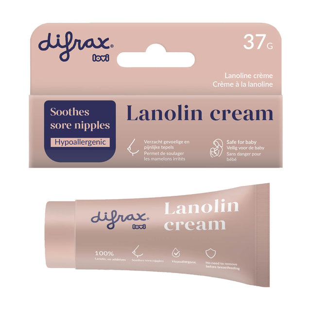 Verpakking en tube lanoline tepelcrème (37g) voor het verzachten van gevoelige tepels tijdens het geven van borstvoeding.