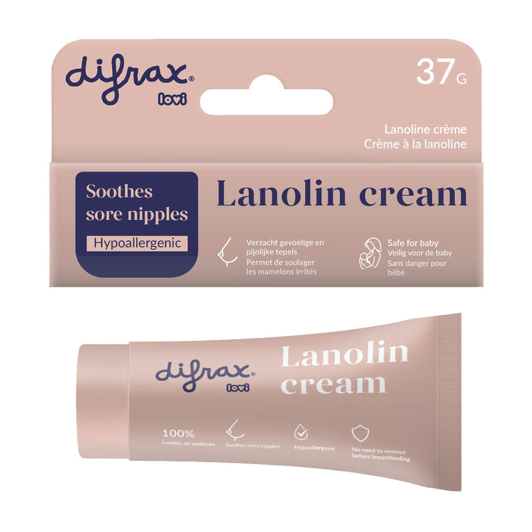 Verpakking en tube lanoline tepelcrème (37g) voor het verzachten van gevoelige tepels tijdens het geven van borstvoeding.
