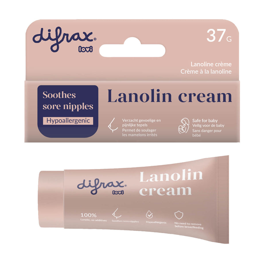 Verpakking en tube lanoline tepelcrème (37g) voor het verzachten van gevoelige tepels tijdens het geven van borstvoeding.