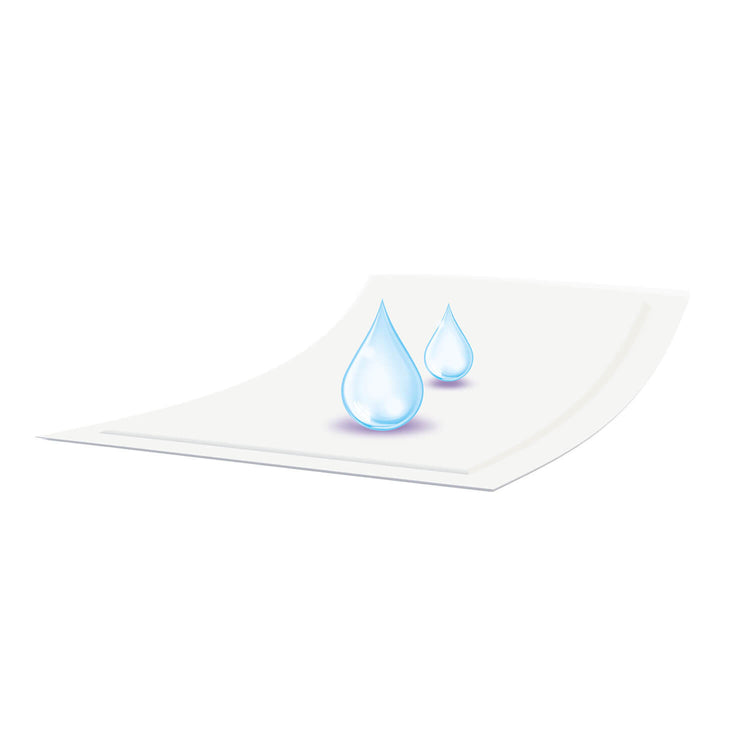 Witte wegwerp onderlegger met twee blauwe waterdruppels die de absorptie illustreren.