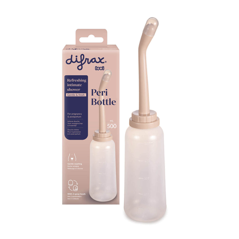 Difrax LOVI Peri Bottle van 500 ml met twee sproeikoppen en verpakking.