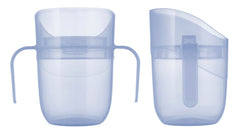 Genius trainer cup in aquamarijn transparant, voor- en zijaanzicht met ergonomische handvatten en afneembaar mondstuk