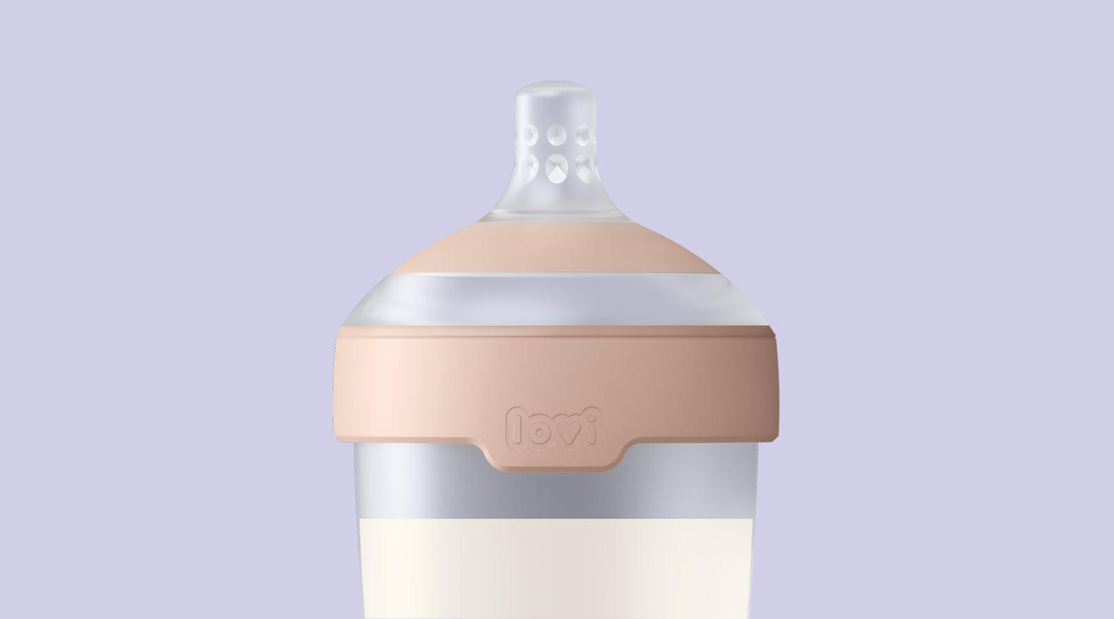 Difrax LOVI Mammafeel babyfles gevuld met melk, centraal geplaatst op zachte lichtpaarse achtergrond op collectie pagina