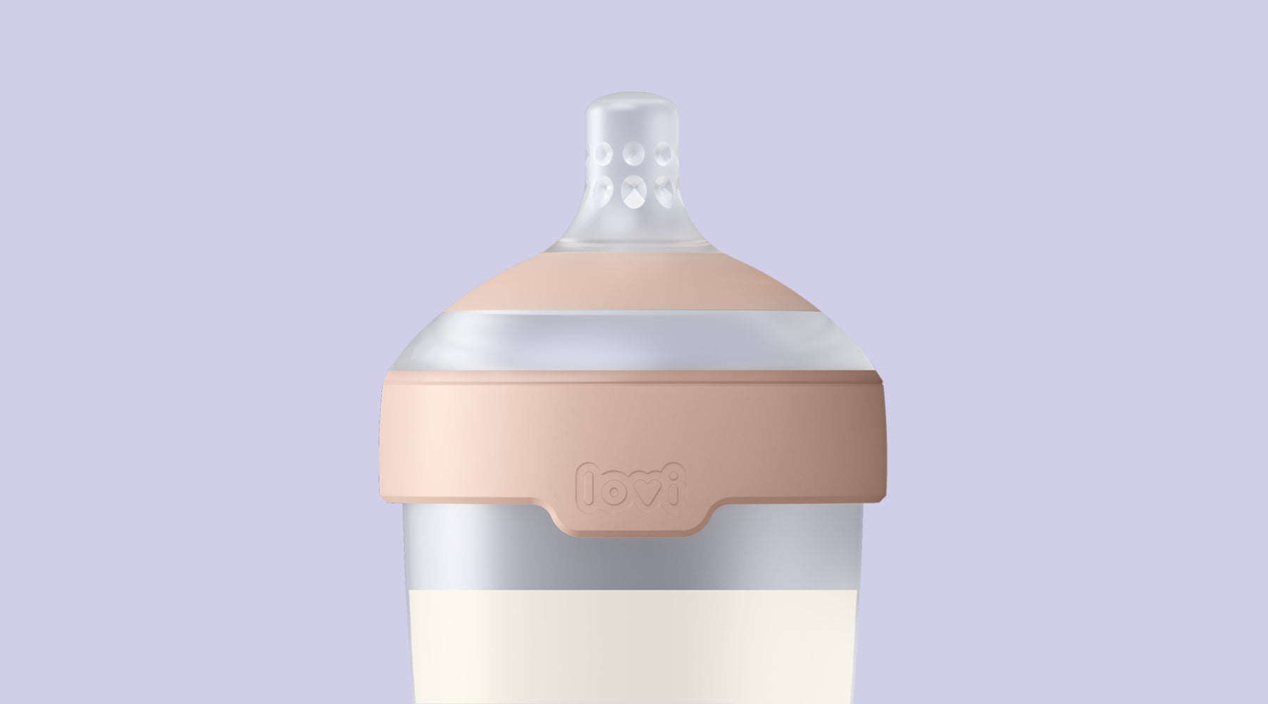 Difrax LOVI Mammafeel babyfles gevuld met melk, centraal geplaatst op zachte lichtpaarse achtergrond op collectie pagina