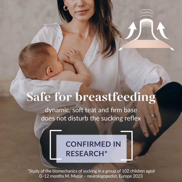 Moeder die baby borstvoeding geeft in wit shirt, met diagram dat de dynamische speenbeweging toont die de natuurlijke zuigreflex ondersteunt