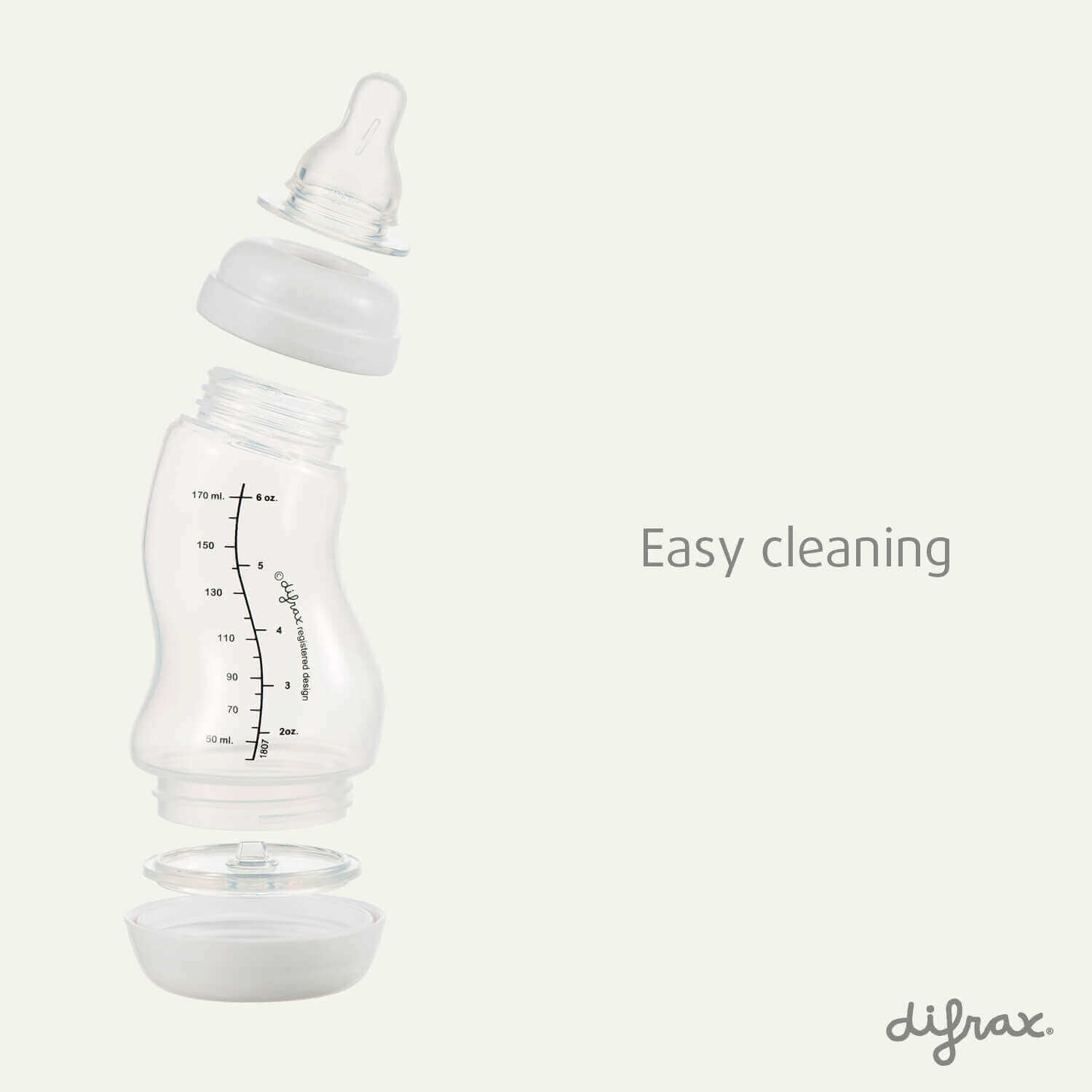 Gedemonteerde Difrax S-fles 170 ml met alle onderdelen gescheiden, toont gemakkelijke reinigingsmogelijkheden van fles, speen, ring en bodem