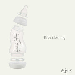 Gedemonteerde Difrax S-fles 170 ml met alle onderdelen gescheiden, toont gemakkelijke reinigingsmogelijkheden van fles, speen, ring en bodem