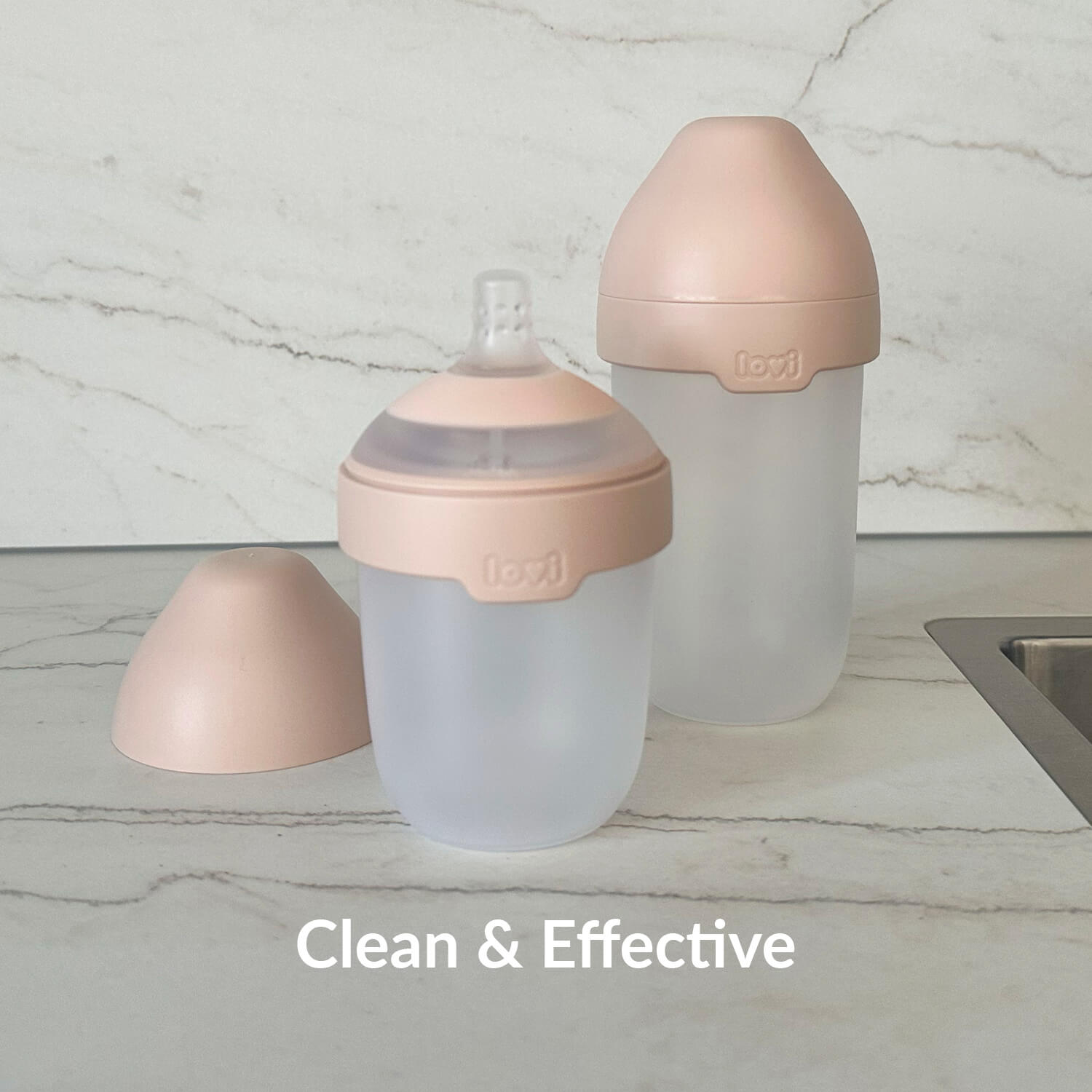 USP met tekst "Clean & Effective" met twee Mammafeel flessen voor de reinigen met de ECO afwasmiddel. 