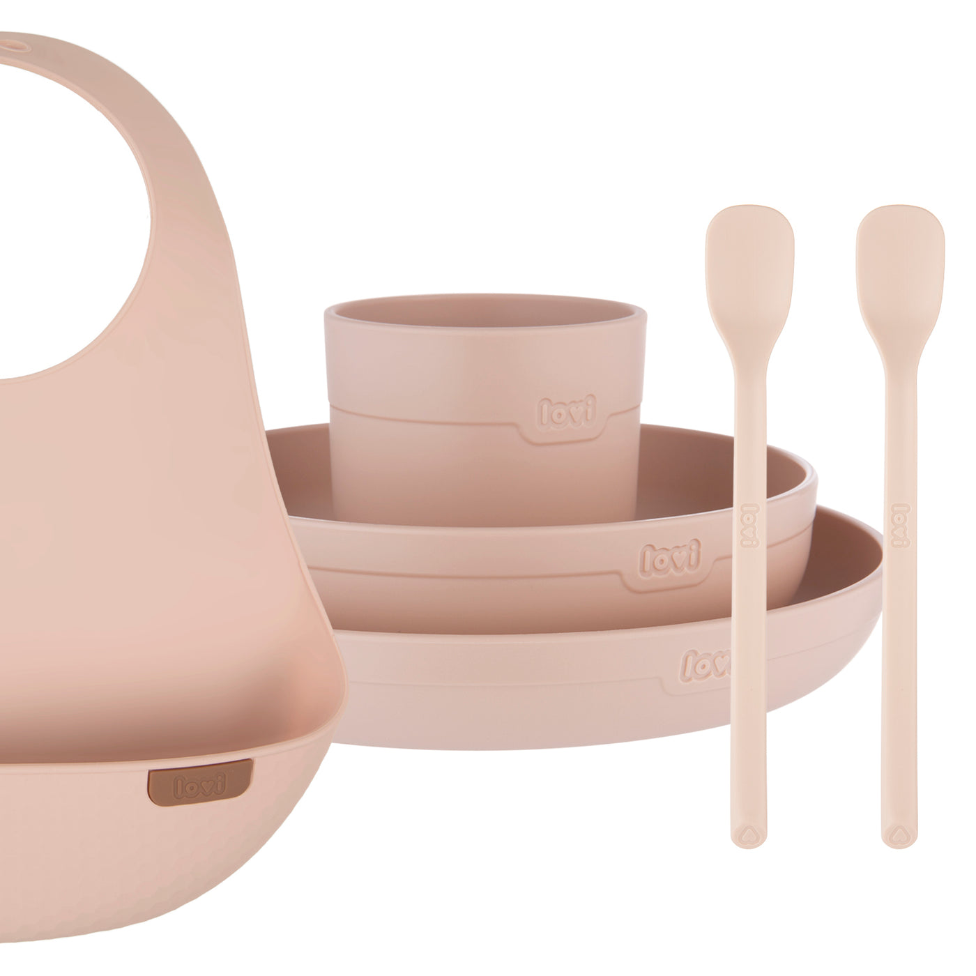 Difrax LOVI Baby Eet- & Drinkset Nude – bord, kom, open beker, lepels en siliconen slab voor veilig en zelfstandig eten vanaf 4-6 maanden.