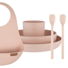 Difrax LOVI Baby Eet- & Drinkset Nude – bord, kom, open beker, lepels en siliconen slab voor veilig en zelfstandig eten vanaf 4-6 maanden.