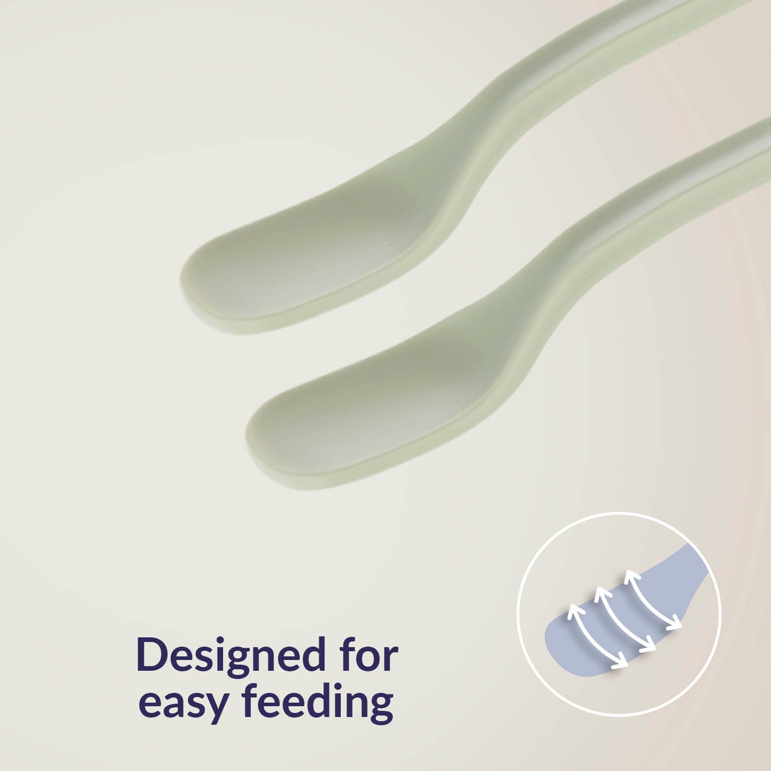 Voedingslepels uit de Difrax LOVI Baby Eet- & Drinkset Pistachio – ergonomisch handvat en smal, ondiep lepeltje voor kleine hapjes, ontworpen voor gemakkelijk voeren.