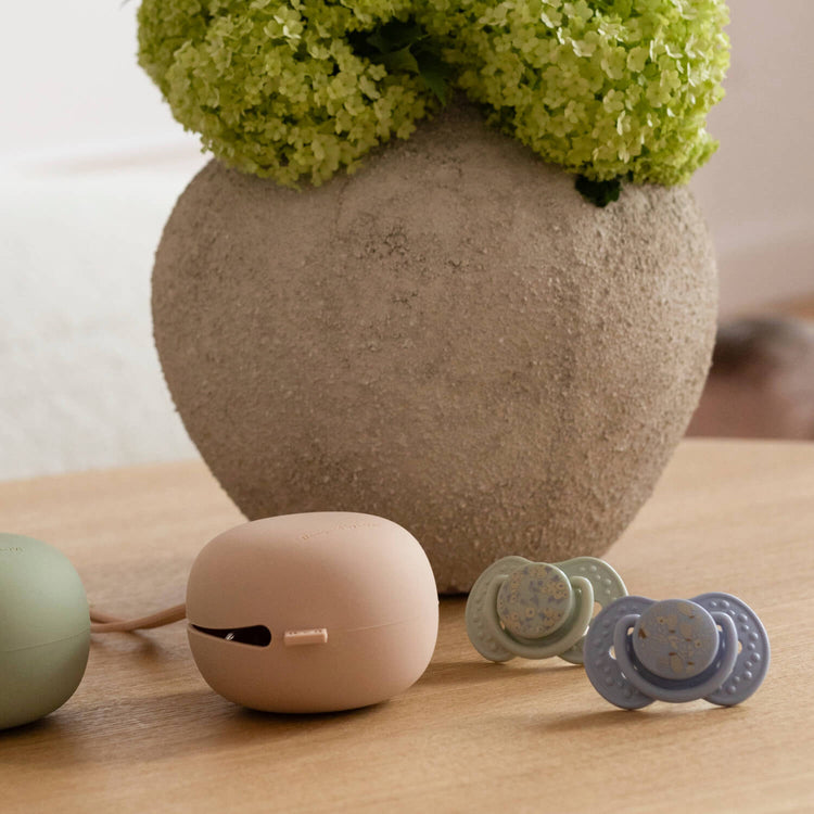 Sfeerbeeld van Difrax LOVI Blossom Dynamische fopspeen 18+ maanden, Boy, 2 stuks, siliconen, klein schildje, Glow in the Dark-ring, BPA-vrij, met siliconen fopspeenhouders op de achtergrond
