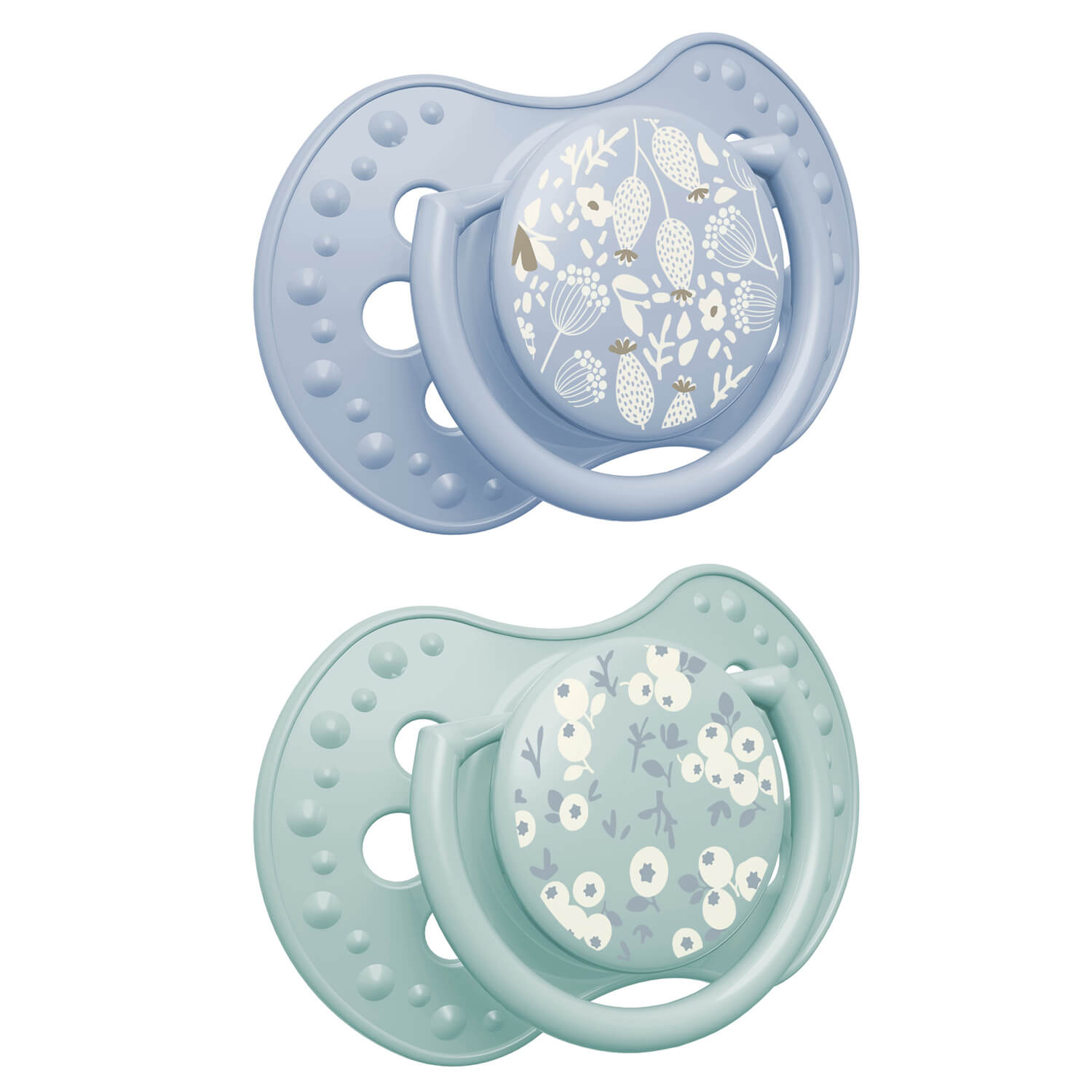 Difrax LOVI Blossom Dynamische fopspeen Boy Newborn 0-6 maanden, 2 stuks, siliconen, klein schildje, Glow in the Dark-ring, BPA-vrij

