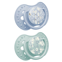 Difrax LOVI Blossom Dynamische fopspeen Boy Newborn 0-6 maanden, 2 stuks, siliconen, klein schildje, Glow in the Dark-ring, BPA-vrij

