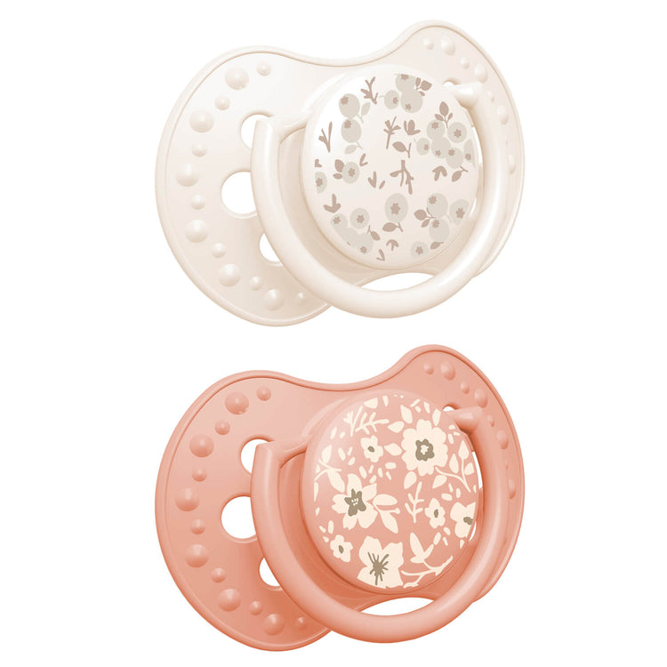 Difrax LOVI Blossom Dynamische fopspeen Girl Newborn 0-6 maanden, 2 stuks, siliconen, klein schildje, Glow in the Dark-ring, BPA-vrij
