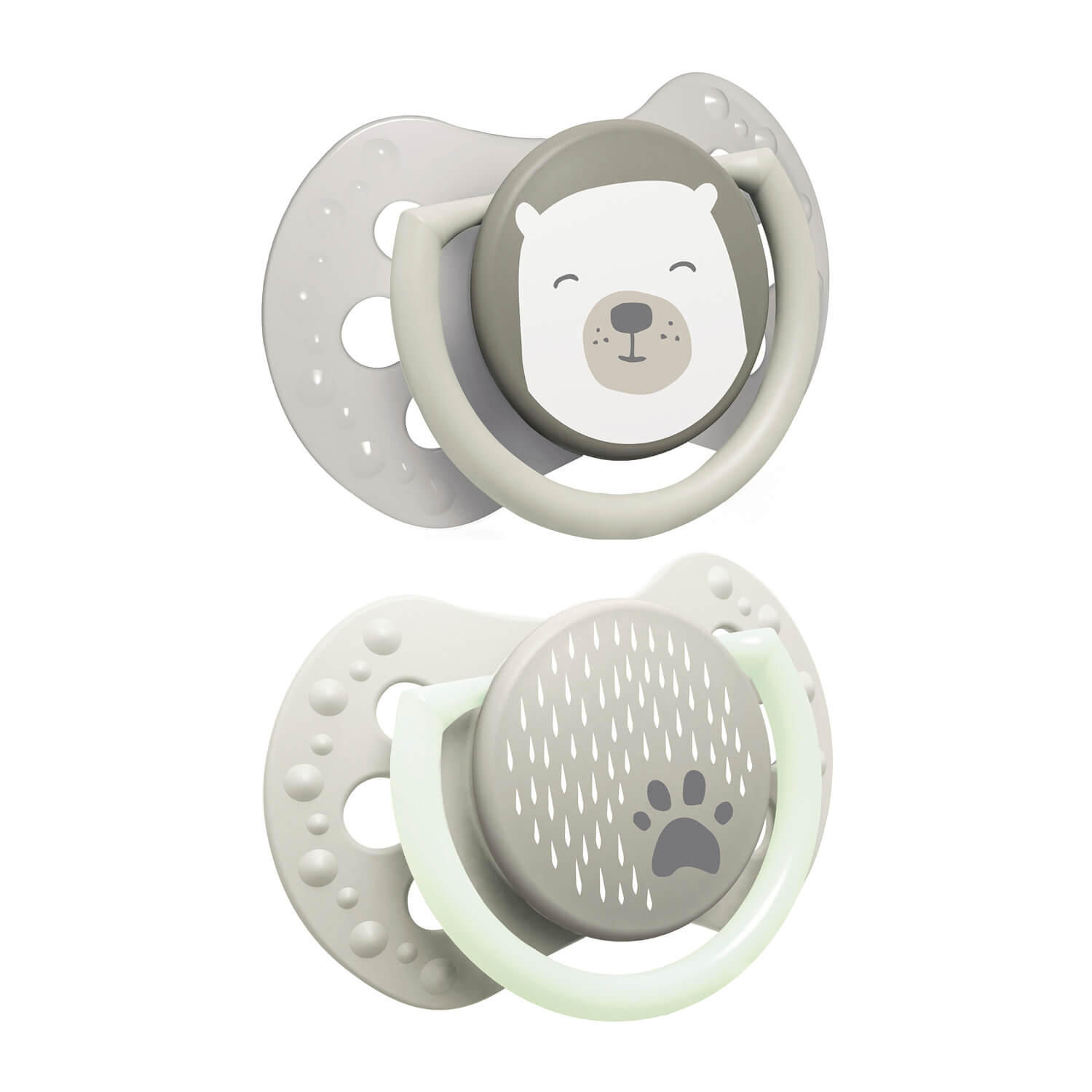 Difrax LOVI Buddy Bear Newborn fopspeen 0-2 maanden, 2 stuks, siliconen, klein schildje, Glow in the Dark-ring