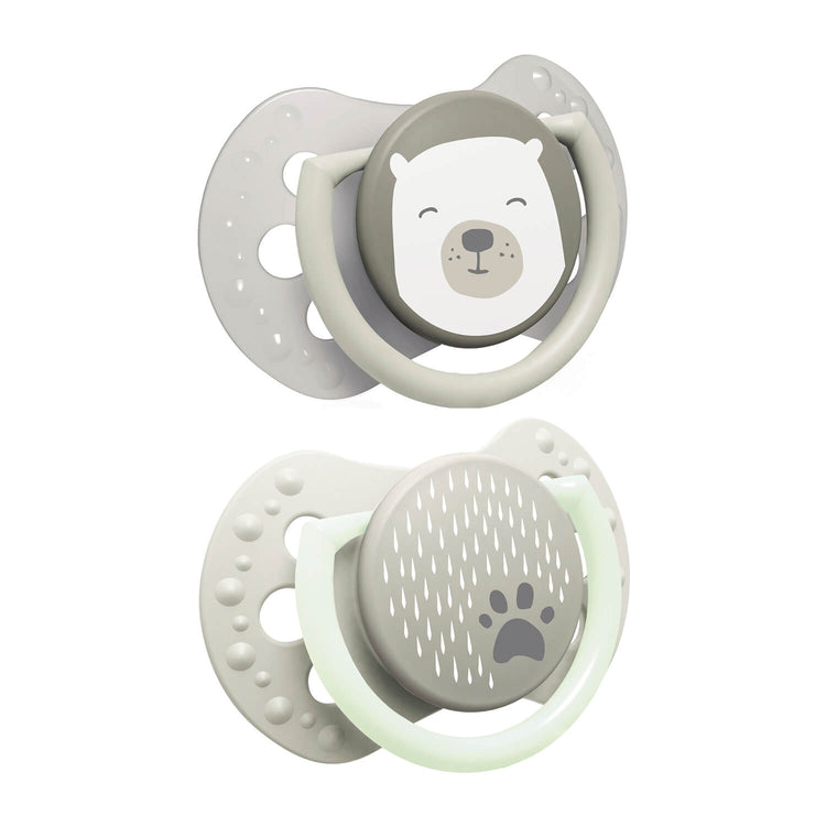Difrax LOVI Buddy Bear Newborn fopspeen 0-2 maanden, 2 stuks, siliconen, klein schildje, Glow in the Dark-ring
