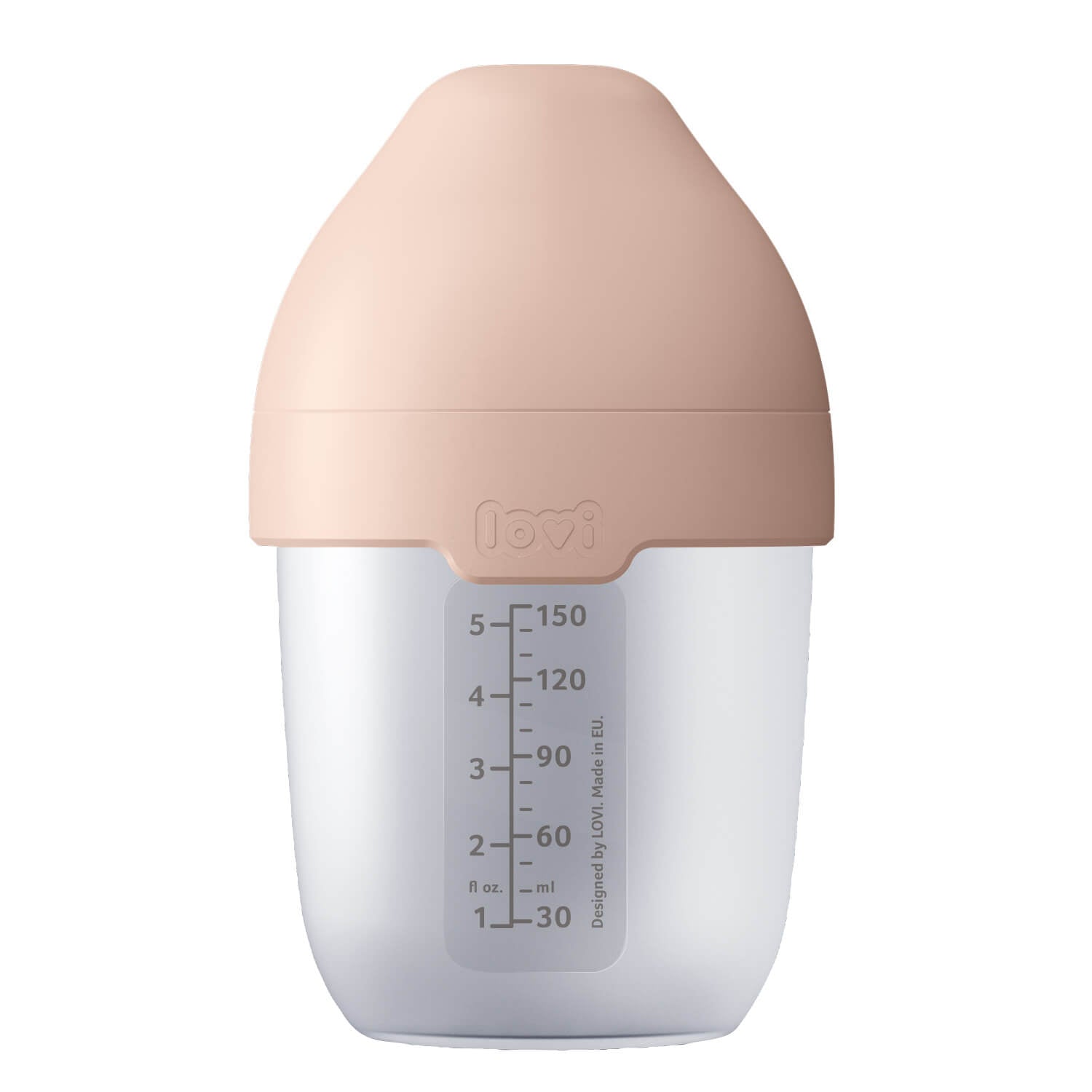 Difrax LOVI Mammafeel fles 150 ml uit de Deluxe Babyset Nude – zacht siliconen zuiggedeelte voor natuurlijk en comfortabel voeden.