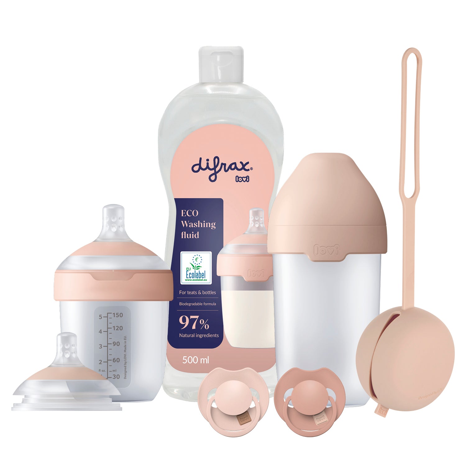 Difrax LOVI Deluxe Babyset in Nude – bevat twee Mammafeel flessen, een Mammafeel flessenspeen, Prime fopspeen, siliconen fopspeenhouder en Eco afwasmiddel. Ontworpen voor comfortabel en natuurlijk voeden en dagelijkse zorgmomenten.
