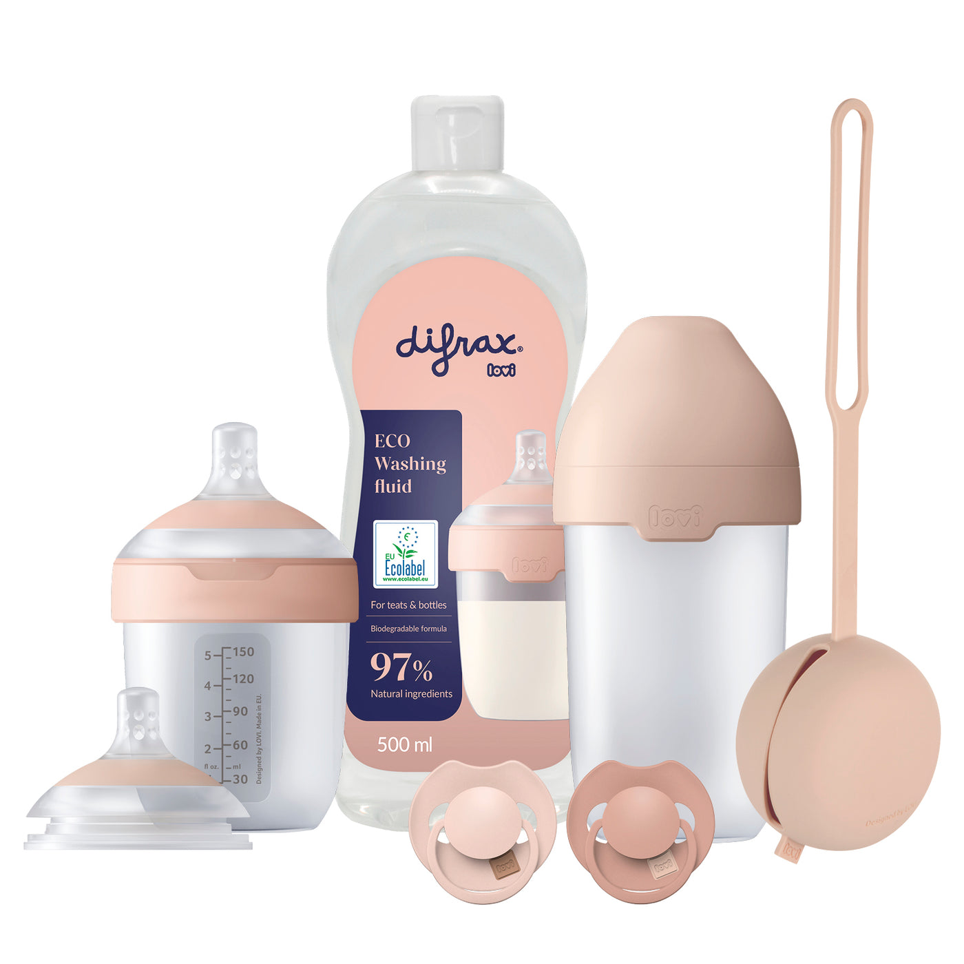 Difrax LOVI Deluxe Babyset in Nude – complete set met Mammafeel flessen, flessenspeen, Prime fopspeen, siliconen fopspeenhouder en Eco afwasmiddel voor natuurlijk en comfortabel voeden.