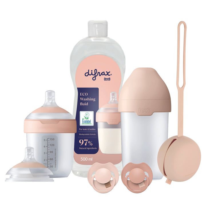 Difrax LOVI Deluxe Babyset in Nude – complete set met Mammafeel flessen, flessenspeen, Prime fopspeen, siliconen fopspeenhouder en Eco afwasmiddel voor natuurlijk en comfortabel voeden.
