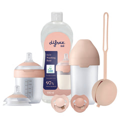Difrax LOVI Deluxe Babyset in Nude – complete set met Mammafeel flessen, flessenspeen, Prime fopspeen, siliconen fopspeenhouder en Eco afwasmiddel voor natuurlijk en comfortabel voeden.