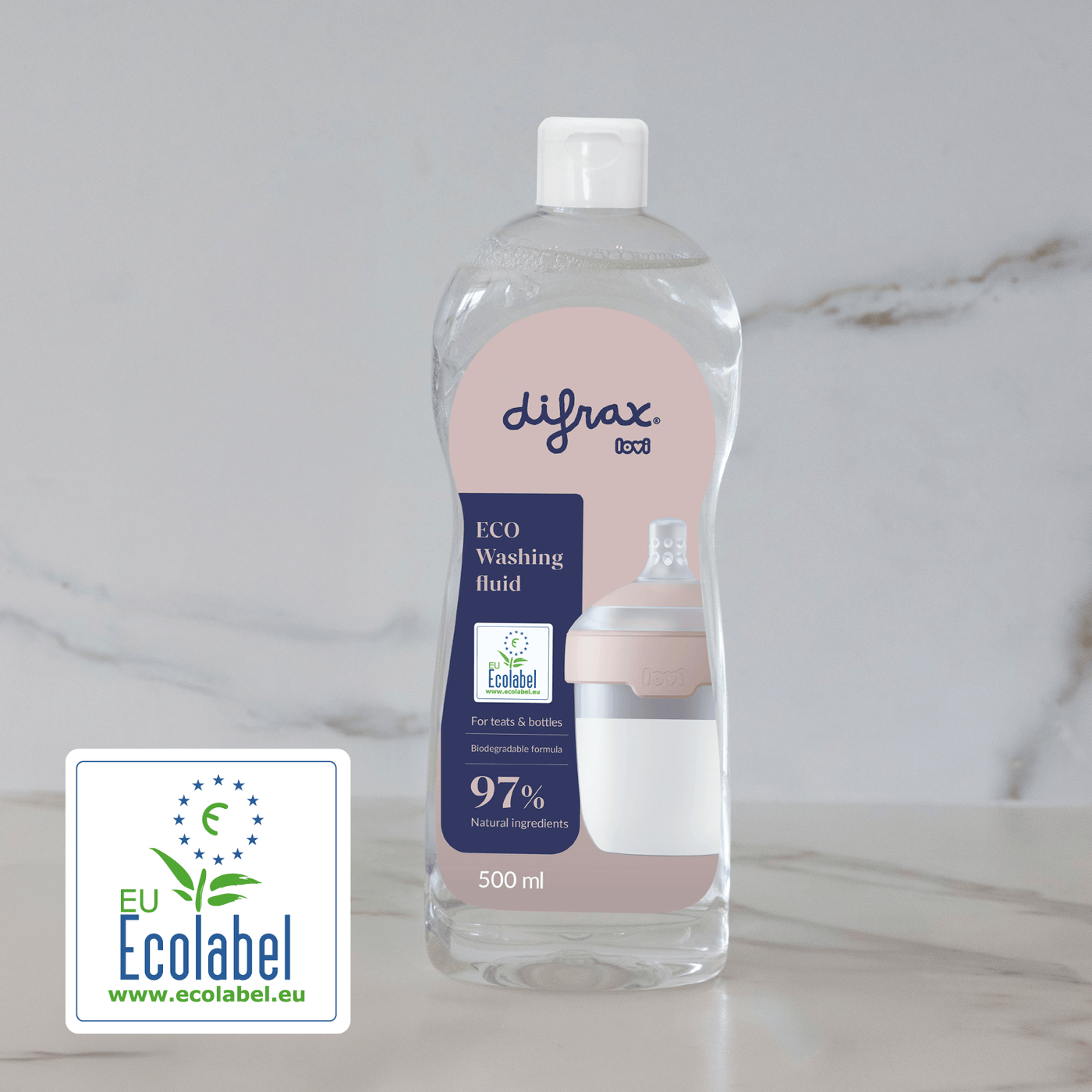 Difrax LOVI Eco afwasmiddel uit de Deluxe Babyset Pistachio – mild, hypoallergeen en pH-neutraal, met EU Ecolabel voor milieuvriendelijk gebruik op babyflesjes en accessoires.