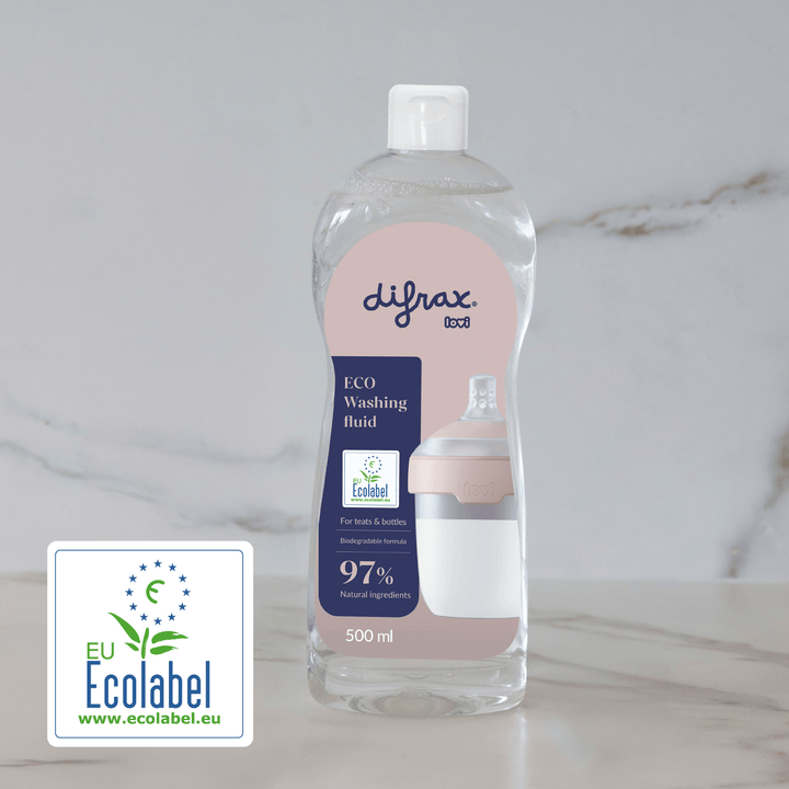 Difrax LOVI Eco afwasmiddel uit de Deluxe Babyset Pistachio – mild, hypoallergeen en pH-neutraal, met EU Ecolabel voor milieuvriendelijk gebruik op babyflesjes en accessoires.