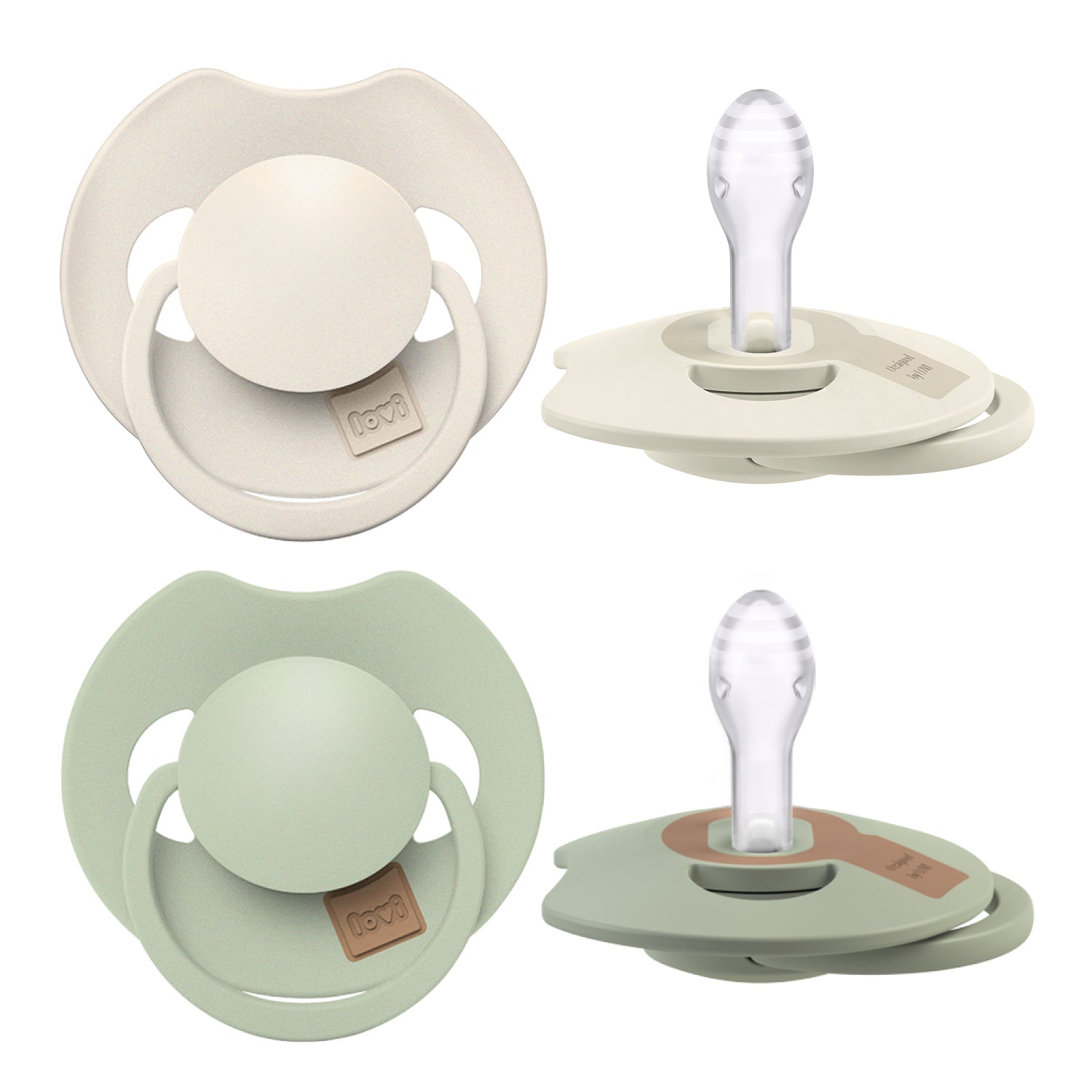 Difrax LOVI Prime fopspenen in Coconut en Pistachio – dynamisch, zacht siliconen zuiggedeelte dat de natuurlijke zuigreflex ondersteunt.