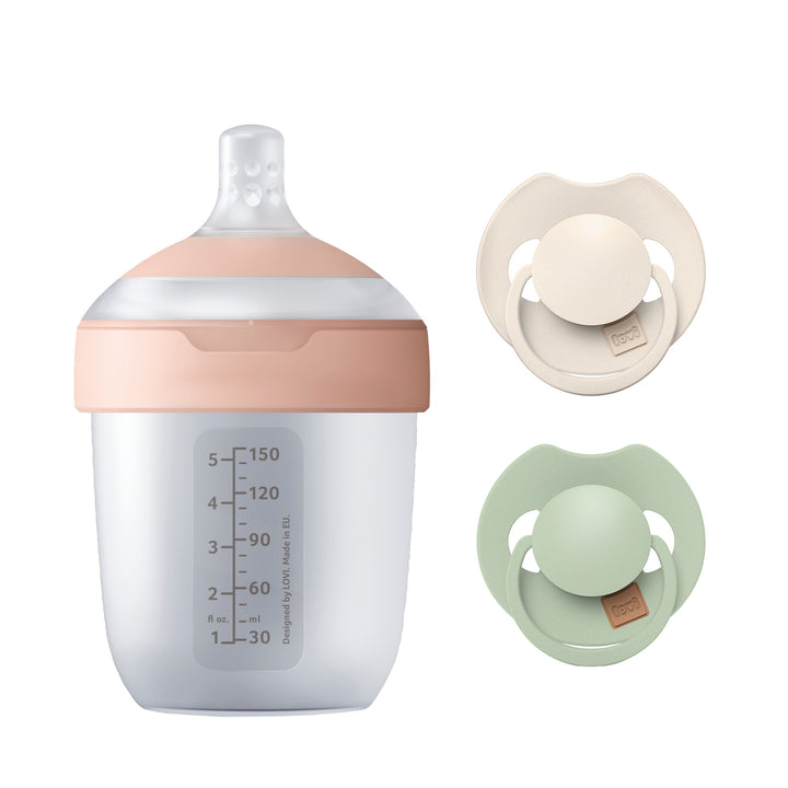 Difrax LOVI Mijn Eerste Babyset met Mammafeel fles 150ml en Prime fopspeen duopack 0-6 maanden in Coconut / Pistachio, ideaal kraamcadeau voor jonge ouders
